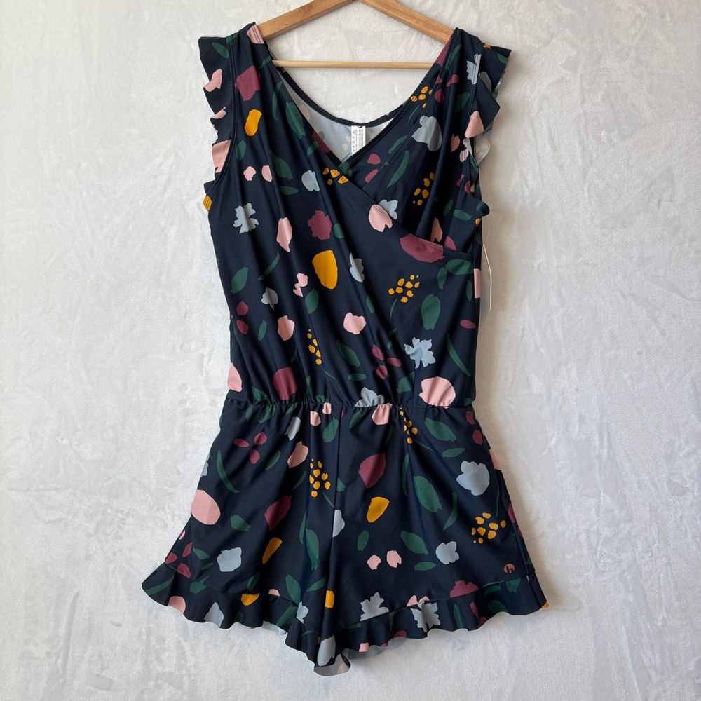 Honeymark women’s blue pattern ginger one piece swimsuit romper size large NWT